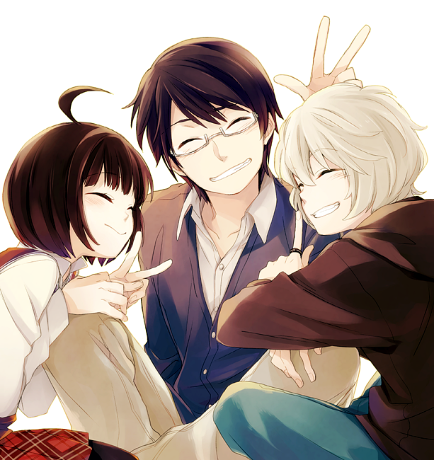 1girl 2boys ^_^ ahoge amatori_chika brown_hair closed_eyes glasses grin kuga_yuuma mikumo_osamu multiple_boys sandwiched smile v wakaya_hana world_trigger