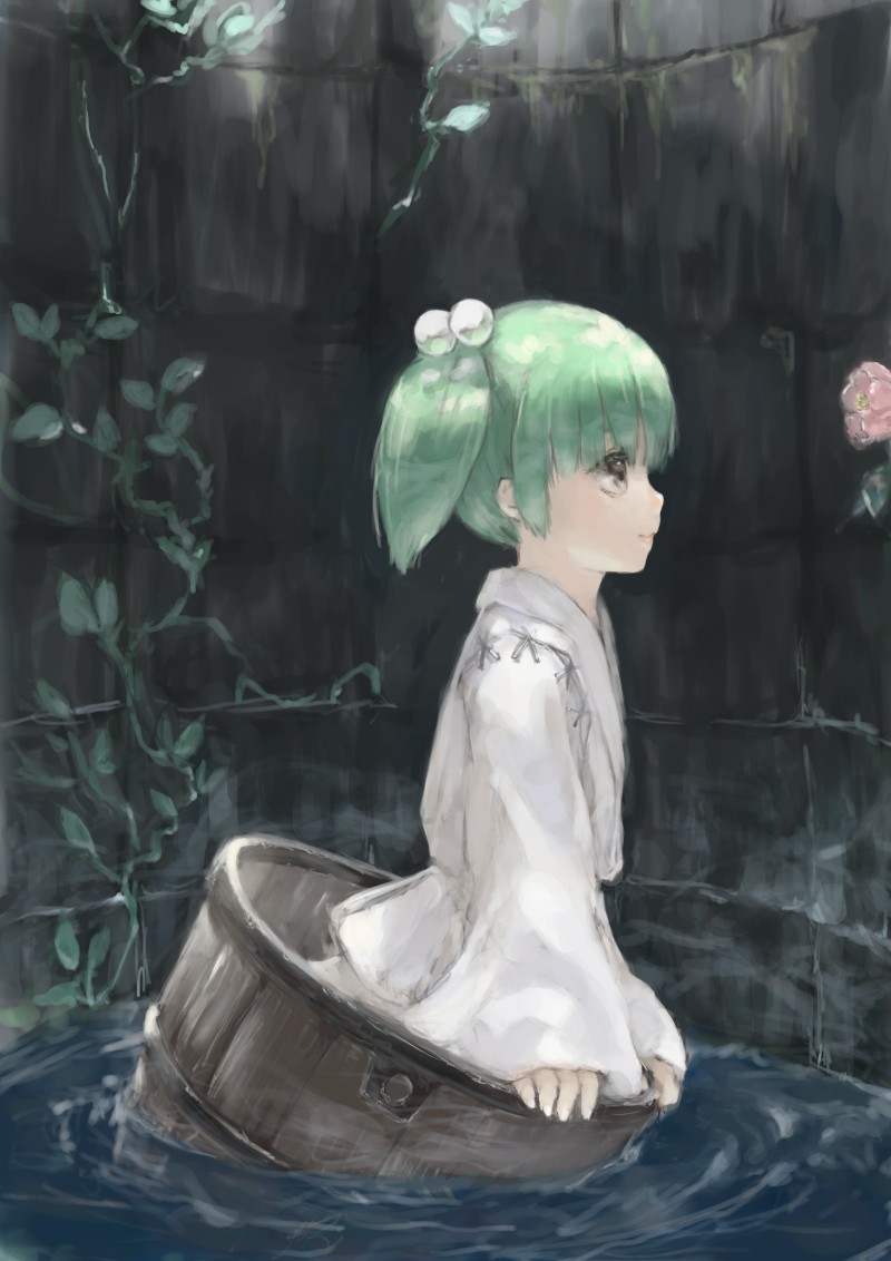 1girl bucket flower green_hair japanese_clothes kimono kisume masuchi short_hair short_twintails smile touhou twintails water well