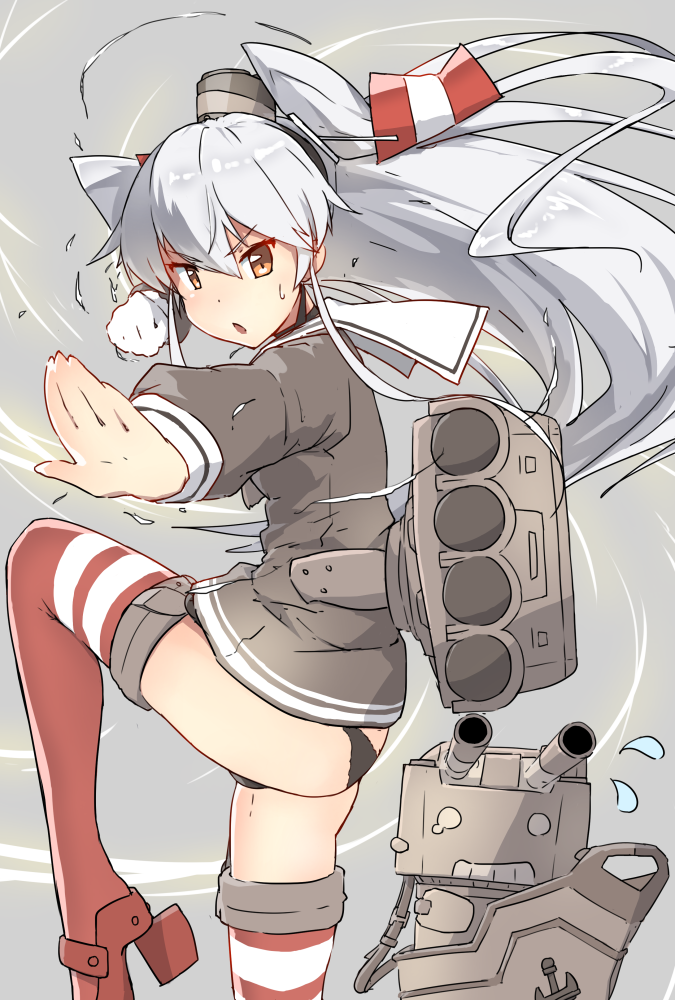 1girl amatsukaze_(kantai_collection) anchor black_panties brown_eyes crying crying_with_eyes_open fighting_stance flying_sweatdrops garter_straps hair_ornament high_heels kantai_collection long_hair machinery mushiboy panties personification rensouhou-kun school_uniform serafuku silver_hair single_glove solo standing_on_one_leg strap striped striped_legwear sweat sweatdrop tears thigh-highs twintails underwear