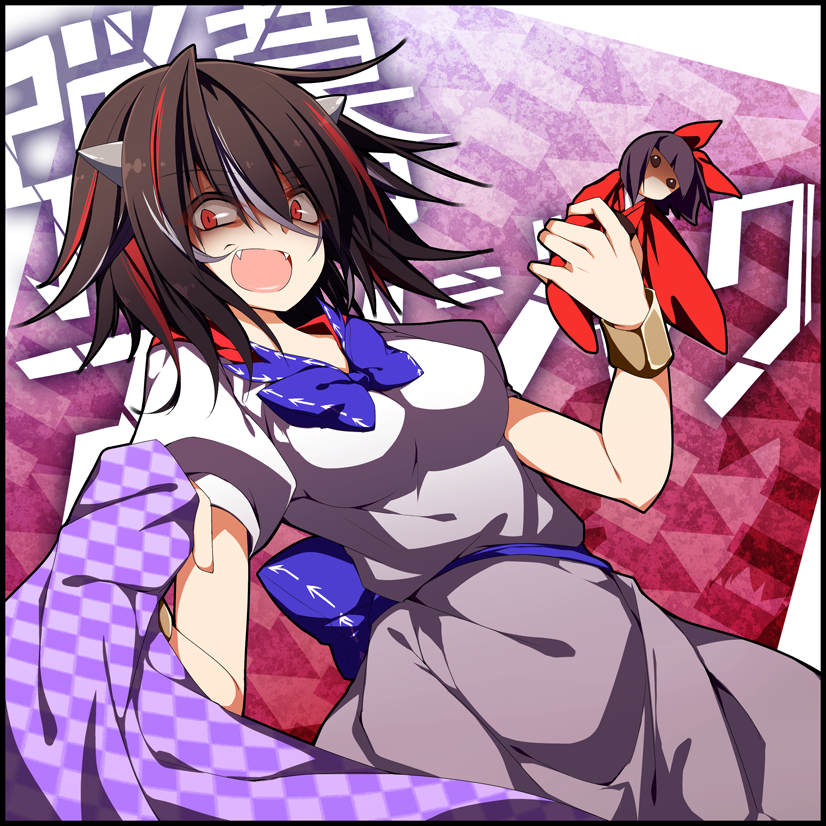 1girl black_hair bow bracelet breasts doll dress fangs frame hair_bow horns impossible_spell_card japanese_clothes jewelry kijin_seija kimono looking_at_viewer multicolored_hair multiple_girls open_mouth puffy_sleeves purple_hair red_eyes redhead sakurame sash short_sleeves silver_hair streaked_hair touhou violet_eyes white_dress