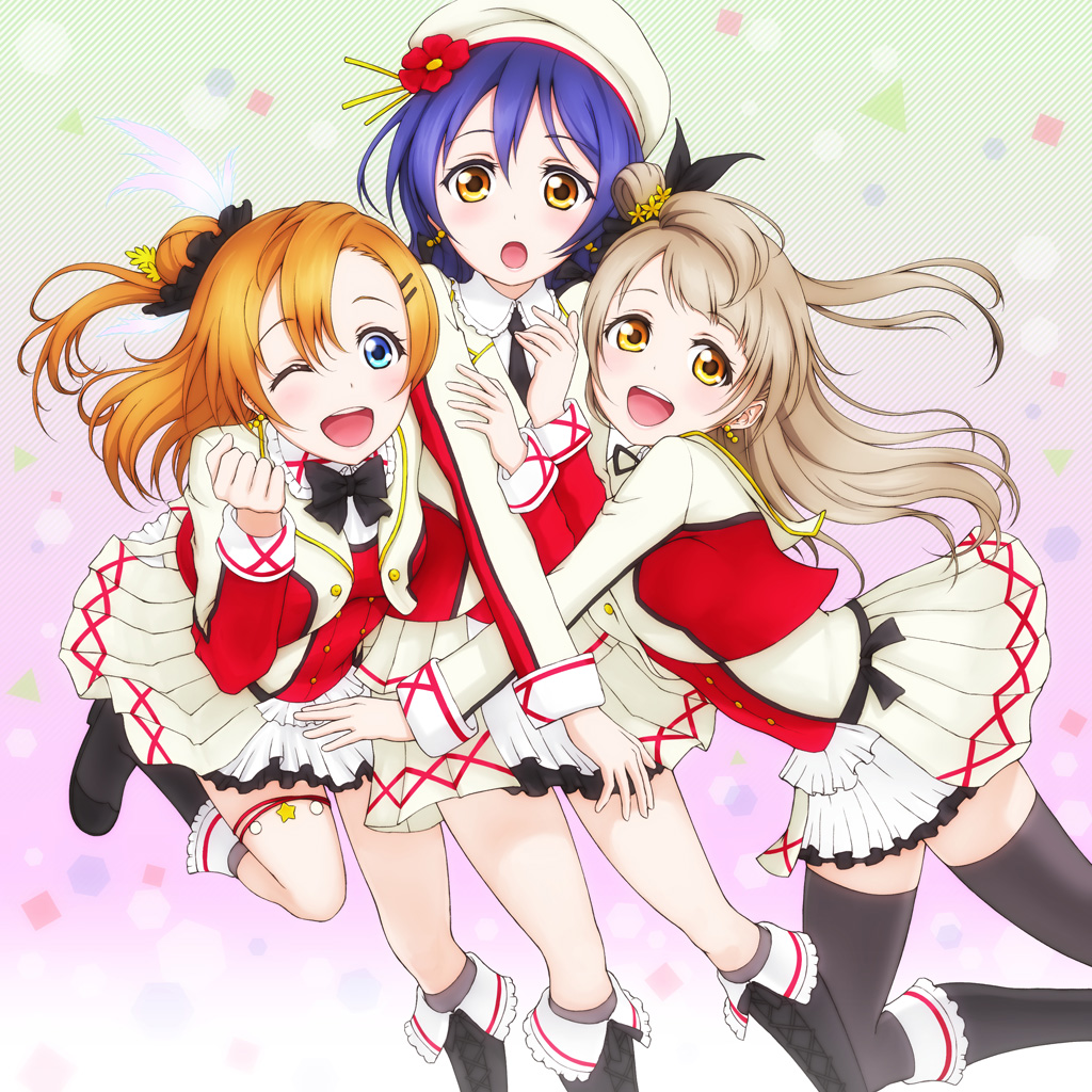 3girls :d :o ;d black_boots black_bow black_legwear blue_eyes blue_hair boots bow buttons clenched_hand earrings flower frilled_skirt frills hair_bun hair_ornament hairclip hat hug jewelry jumping kousaka_honoka light_brown_hair looking_at_viewer love_live!_school_idol_project minami_kotori multiple_girls open_mouth orange_eyes orange_hair overskirt rymerge sandwiched side_ponytail skirt smile sonoda_umi star thigh-highs tied_hair wink zettai_ryouiki