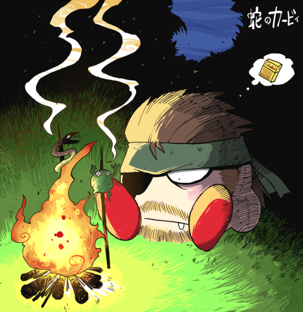 bonfire frog kirby kirby_(series) metal_gear_(series) rariatto_(ganguri) sitting snake solid_snake solid_snake_(cosplay)