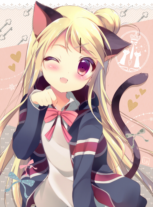 1girl animal_ears animal_pose blonde_hair blush cat_ears cat_tail fang hair_ornament hairclip kin'iro_mosaic kujou_karen long_hair open_mouth sarico school_uniform smile solo tail union_jack violet_eyes