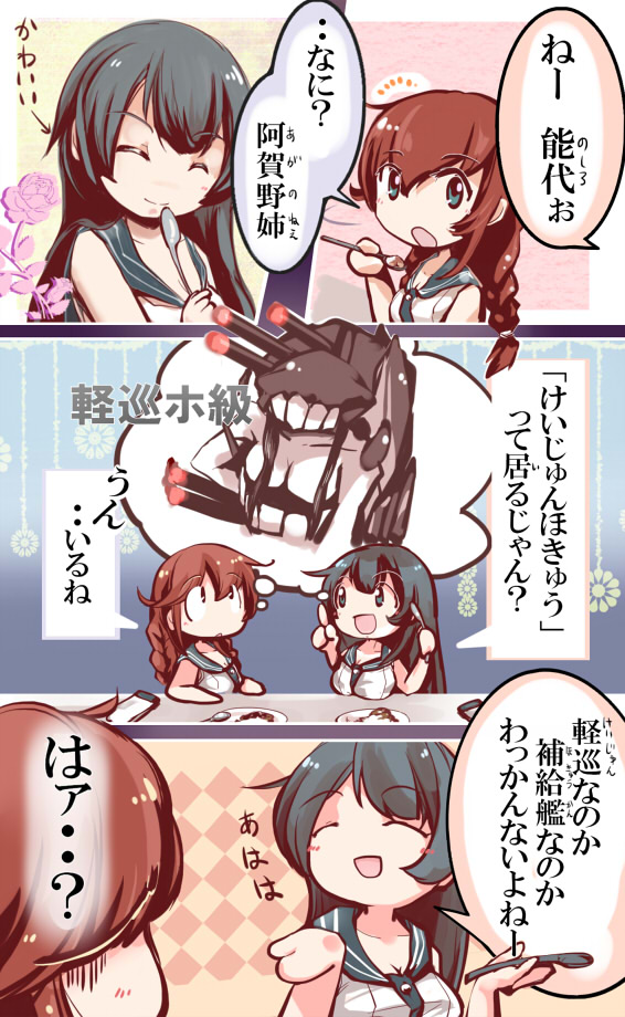 2girls 3koma agano_(kantai_collection) black_hair breasts brown_hair colored comic curry_rice eating green_eyes ho-class_light_cruiser kantai_collection long_hair multiple_girls noshiro_(kantai_collection) personification school_uniform smile spoon translated uriah-oyu