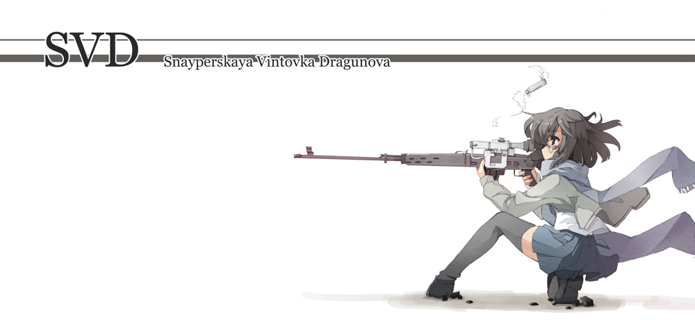 1girl aiming casing_ejection dragunov_svd firing grey_legwear gun miya_kazutomo original rifle scarf shell_casing skirt sniper_rifle solo thigh-highs weapon zettai_ryouiki