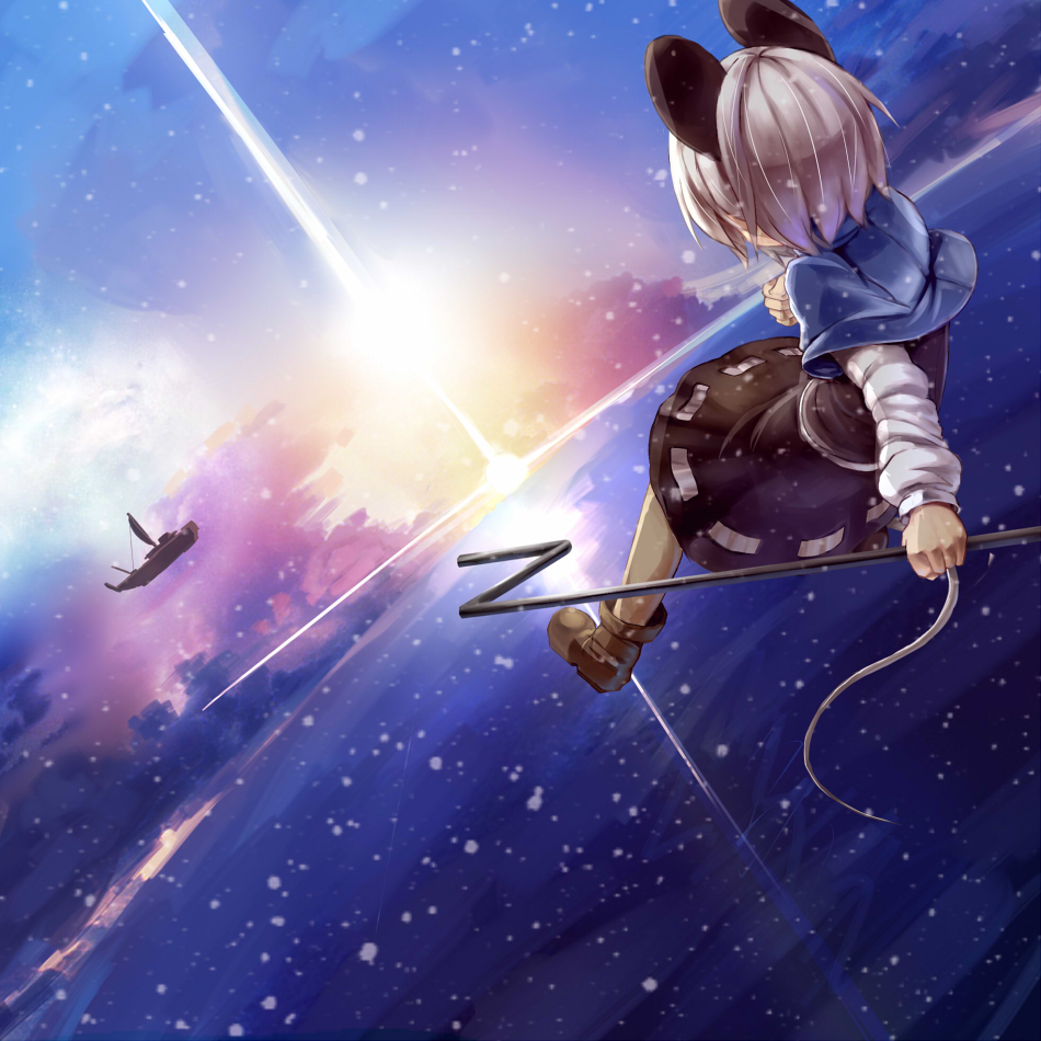 1girl 5240mosu animal_ears blush clouds dowsing_rod flying from_behind grey_hair mouse_ears mouse_tail nazrin palanquin_ship short_hair skirt snow solo tail touhou