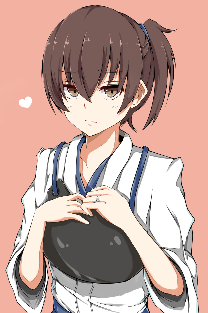 1girl brown_eyes brown_hair heart highres jewelry kaga_(kantai_collection) kantai_collection koenza_botoke muneate personification ring short_hair side_ponytail simple_background solo