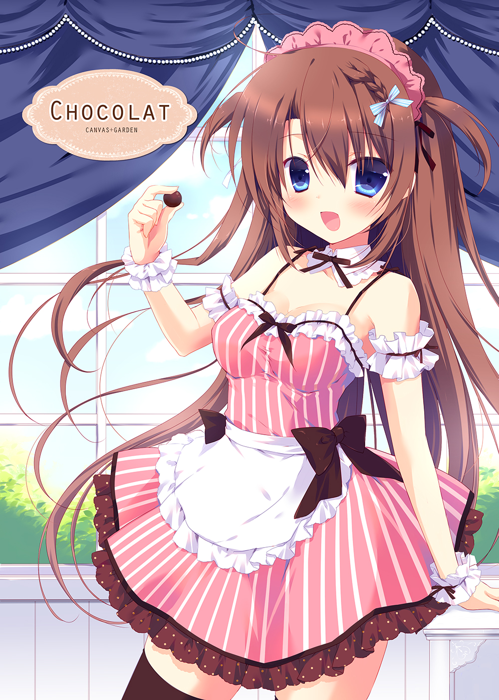 1girl ahoge artist_request bare_shoulders blue_eyes blush bow brown_hair brown_legwear chocolate dress food hair_ribbon long_hair maid maid_headdress open_mouth ribbon smile solo source_request thighhighs two_side_up wrist_cuffs