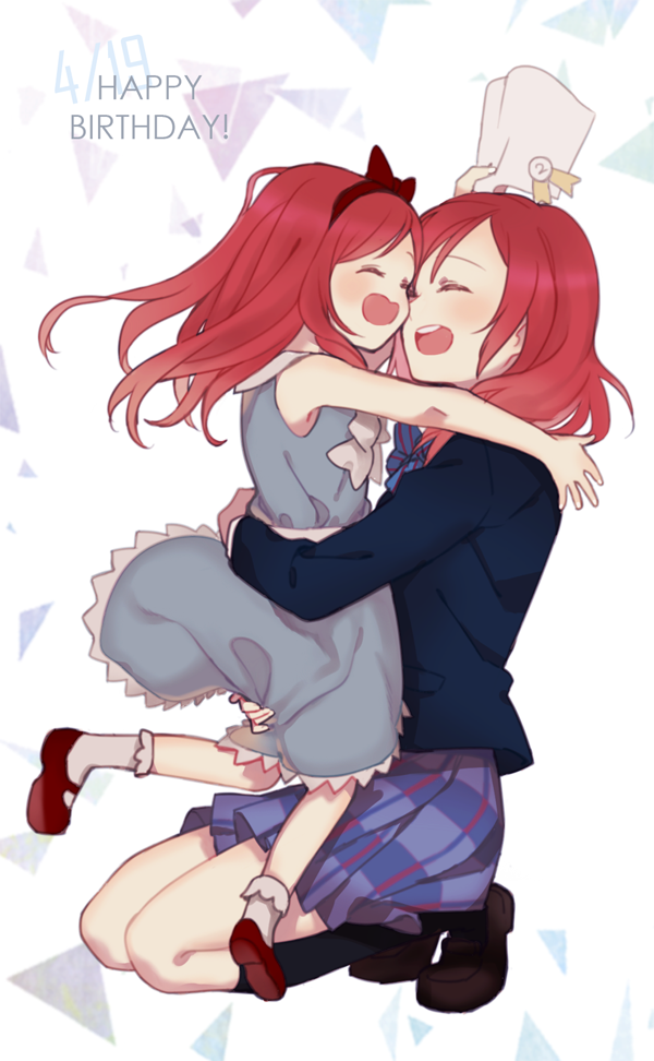 2girls blue_dress bow closed_eyes dated dress dual_persona electric_flower hair_bow hairband happy_birthday holding_paper hug long_hair love_live!_school_idol_project multiple_girls nishikino_maki open_mouth red_bow redhead school_uniform sleeveless smile time_paradox younger