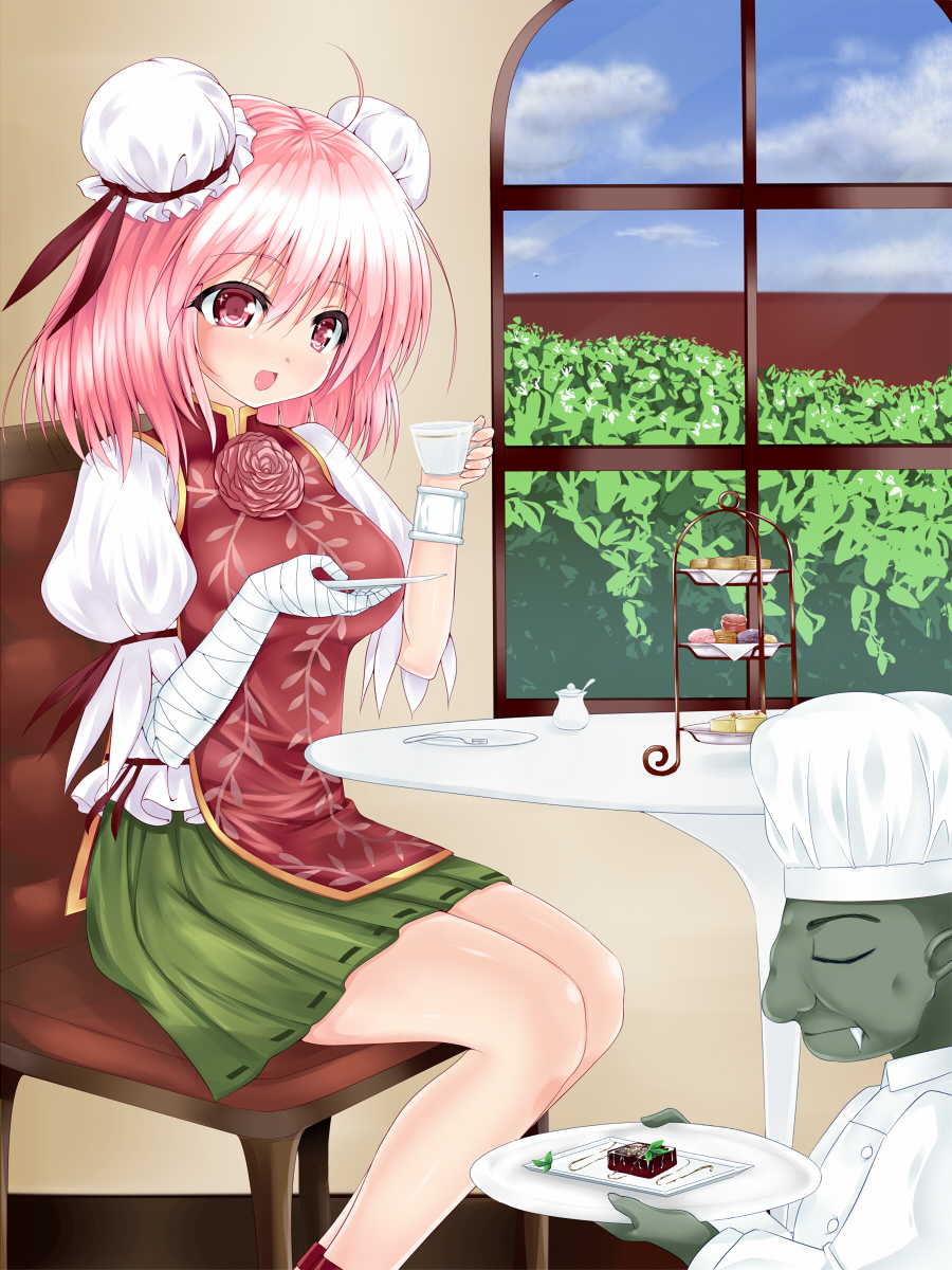 1girl bandages bun_cover cake chef chef_hat chef_uniform chinese_clothes cuffs cup double_bun fang flower food green_skin hat highres hobgoblin_(touhou) ibaraki_kasen macaron open_mouth pink_eyes pink_hair plate ribbon rose short_hair sitting smile tabard teacup touhou tray u2_(5798239) window
