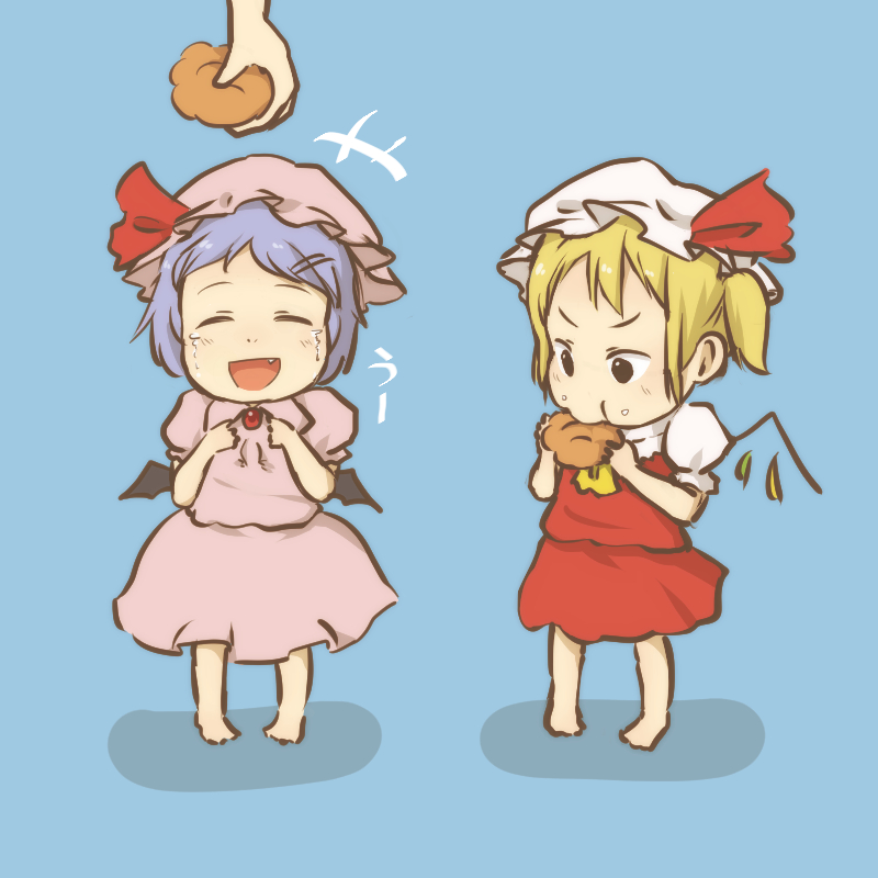 2girls barefoot bat_wings blonde_hair blue_hair chi-kun_(seedyoulater) child closed_eyes cookie dress eating fang flandre_scarlet food food_on_face happy_tears hat hat_ribbon mob_cap multiple_girls open_mouth pink_dress puffy_sleeves red_dress remilia_scarlet ribbon short_sleeves siblings side_ponytail sisters smile tears touhou translated uu~ wings younger