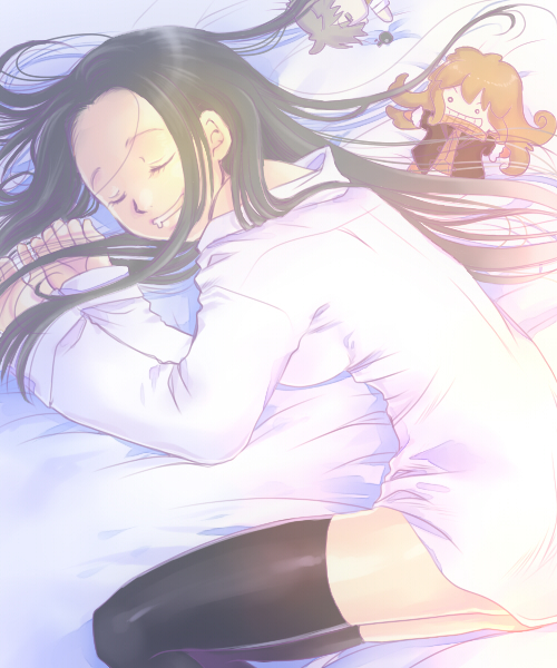 1girl bed_sheet black_hair black_legwear blonde_hair closed_eyes coppelion doll drooling grey_hair hair_spread_out kurosawa_haruto long_hair lying ozu_kanon ozu_shion shirt shirt_slip sleeping smile solo stuffed_toy sunlight thigh-highs wakanu white_shirt