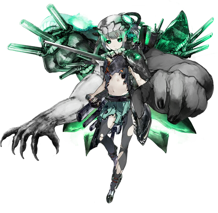 1girl armor black_sclera cannon corruption dark_persona derivative_work glowing glowing_eyes green_eyes kantai_collection pale_skin personification photoshop shinkaisei-kan short_hair solo weapon white_background yutorin_kakka yuubari_(kantai_collection)