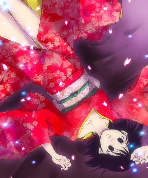 1girl bare_legs black_eyes black_hair cherry_blossoms coppelion hair_spread_out hand_on_own_head japanese_clothes kimono lying pale_skin patterned red_clothes solo sparkle tagme tsuburaya_mana upside-down wakanu