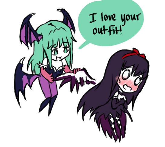 2girls akemi_homura akuma_homura blush chibi crossover demon_girl english full-face_blush head_wings leotard low_wings mahou_shoujo_madoka_magica mahou_shoujo_madoka_magica_movie morrigan_aensland multiple_girls o_o pantyhose roman_imperial spoilers succubus sweatdrop vampire_(game) wing_grab wings