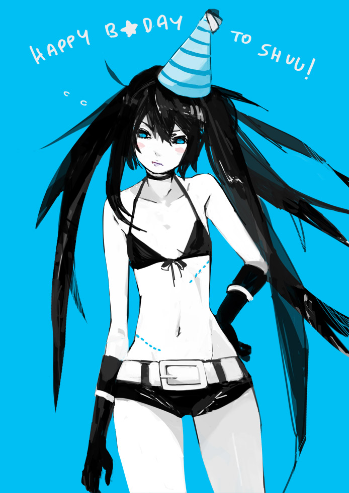 belt bikini_top black_hair black_rock_shooter black_rock_shooter_(character) blue_background blush_stickers choker flat_chest gloves hand_on_hip hat messy_hair navel pale_skin party_hat short_shorts shorts solo stitches tribute twintails