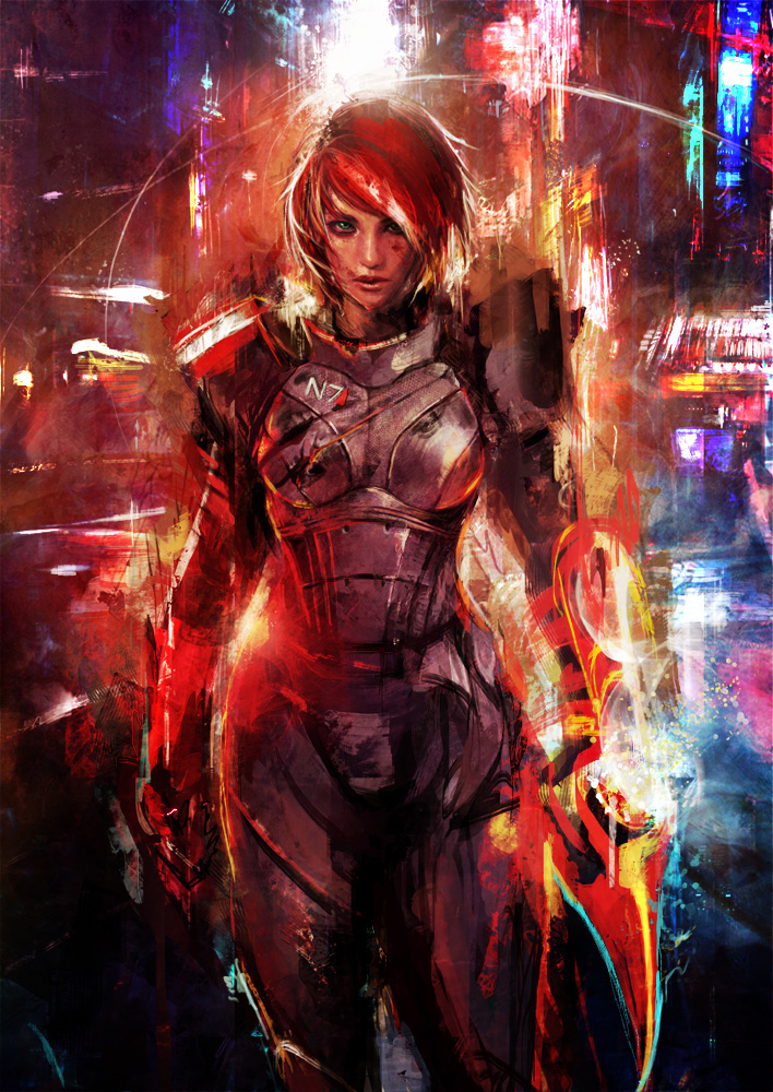 blood blood_on_face blue_eyes city commander_shepard_(female) energy_blade lens_flare lips mass_effect_3 muju n7_armor outdoors redhead short_hair solo