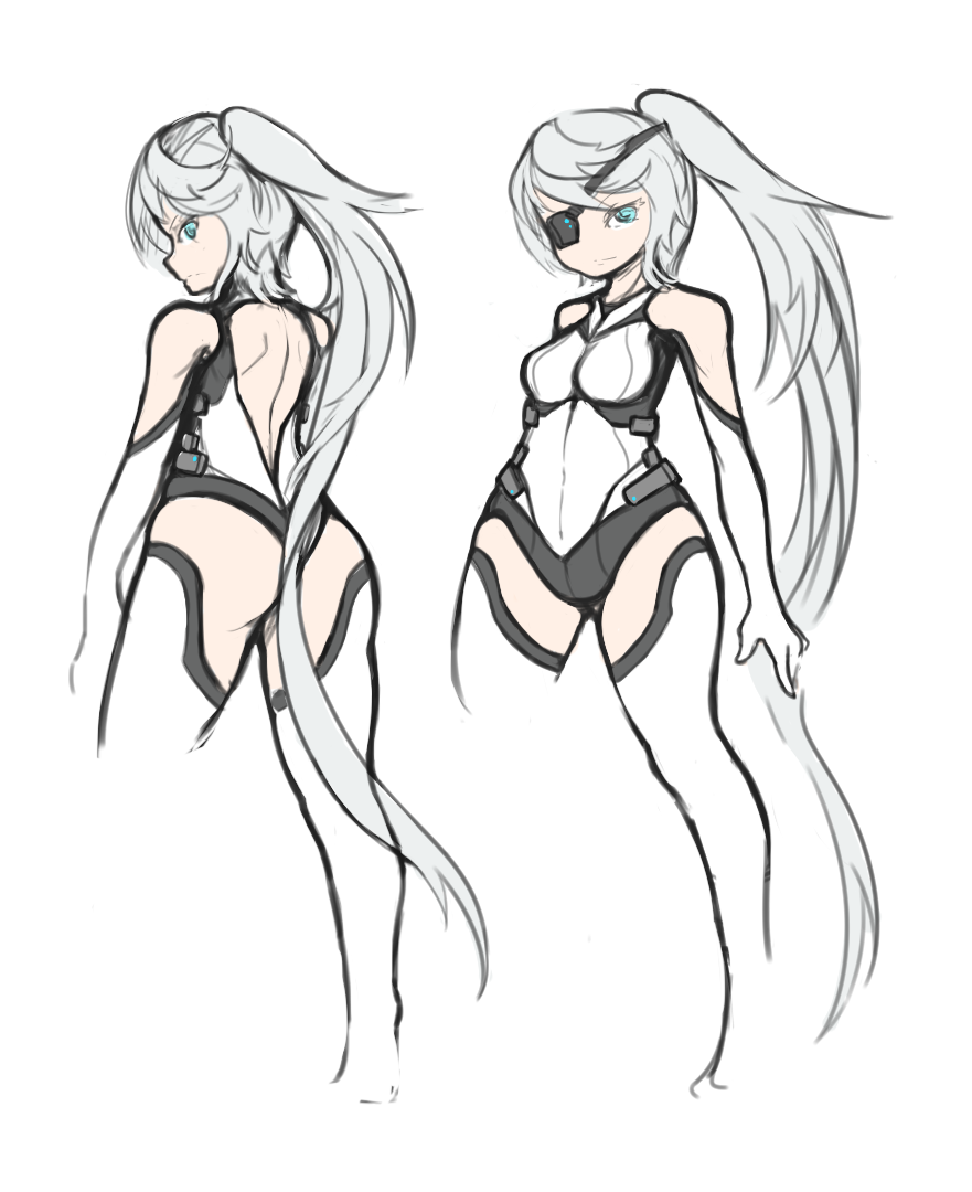 1girl arceonn ass back blue_eyes boots borrowed_character concept_art elbow_gloves eyepatch gloves high_ponytail leotard original silver_hair small_breasts solo thigh-highs thigh_boots white_gloves white_legwear