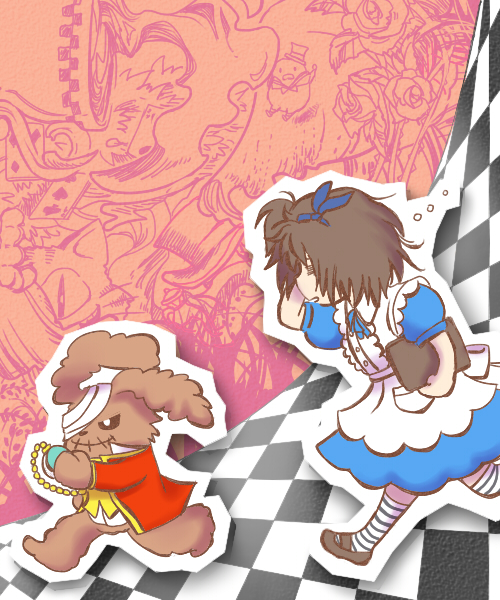 1girl alice_(wonderland)_(cosplay) alice_in_wonderland bandage_over_one_eye black_hair blue_bow blue_dress blue_legwear blue_skirt bow checkered checkered_floor coppelion dress hair_bow hand_behind_head ichikawa_meisa kneehighs parody pocket_watch shoes side_ponytail skirt striped striped_legwear stuffed_animal stuffed_bunny stuffed_toy tagme wakanu walking watch white_rabbit_(cosplay)