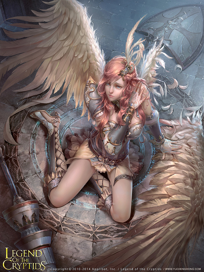 1girl arm_support armored_boots bangs boots braid breasts bridal_gauntlets cleavage cleavage_cutout copyright_name faulds feathers french_braid from_above garters gauntlets hair_ornament hand_on_own_shoulder high_heels hong_yu_cheng injury kneeling lance legend_of_the_cryptids long_hair official_art pauldrons payot polearm redhead shield single_wing skirt swept_bangs thigh-highs tile_floor tiles torn_wings watermark weapon web_address white_legwear white_skirt wings
