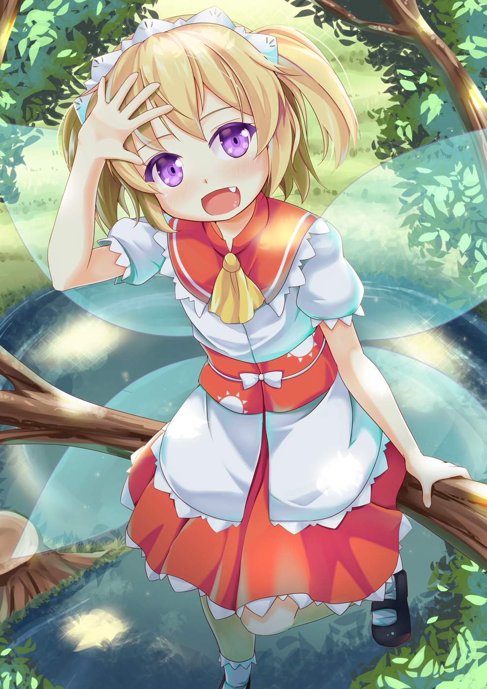 1girl blonde_hair capelet fairy_wings fang grass highres in_tree looking_at_viewer maid_headdress niiya oni open_mouth puffy_sleeves river sash shirt short_sleeves sitting sitting_in_tree skirt smile solo sunny_milk touhou tree twintails violet_eyes wings