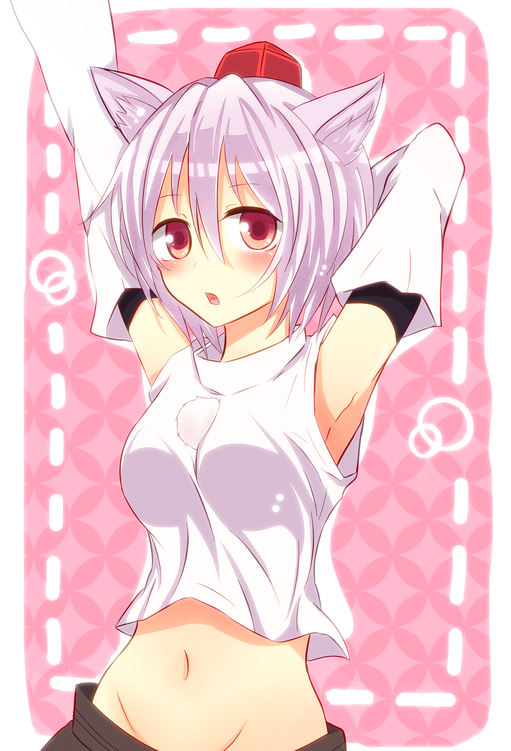 1girl animal_ears armpits arms_behind_back arms_up bare_shoulders blush breasts crop_top crop_top_overhang detached_sleeves hat highres inubashiri_momiji large_breasts looking_at_viewer midriff mononoimofu mound_of_venus navel open_mouth pom_pom_(clothes) red_eyes shirt short_hair silver_hair skirt solo stomach tokin_hat touhou wolf_ears