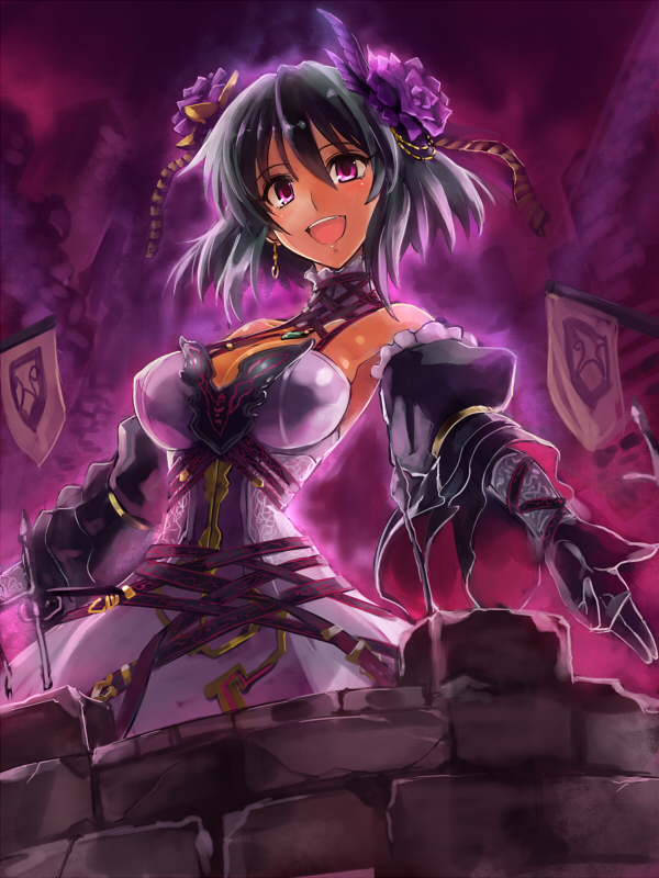 1girl bare_shoulders black_hair blush breasts cleavage dark_skin detached_sleeves dress earrings edobox elbow_gloves flower gloves hair_flower hair_ornament idolmaster idolmaster_cinderella_girls jewelry natalia_(idolmaster) open_mouth puffy_sleeves short_hair smile solo violet_eyes