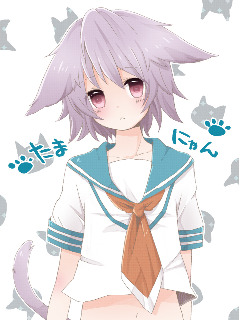 :&lt; blush cat_print cat_tail kantai_collection kemonomimi_mode navel paw_print pochisuke_(sayata) purple_hair school_uniform tail tama_(kantai_collection) violet_eyes