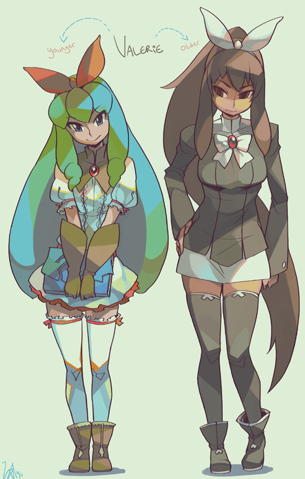 2girls ankle_boots black_legwear blue_eyes boots brown_eyes brown_hair character_name dark_skin dual_persona eric_muentes gloves green_hair hairband hand_on_hip head_tilt height_difference long_hair multiple_girls older original payot pencil_skirt ponytail puffy_short_sleeves puffy_sleeves short_sleeves smile teenage thigh-highs time_paradox v_arms valerie_(woof) very_long_hair white_legwear younger zettai_ryouiki