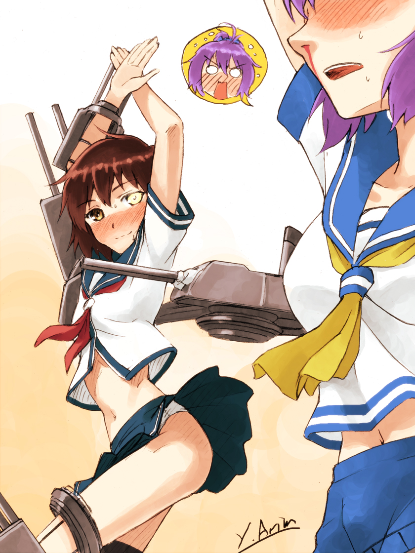 2girls ahoge aoba_(kantai_collection) arimura_yuu arms_up blood blush brown_hair furutaka_(kantai_collection) glowing glowing_eye hair_ribbon kantai_collection multiple_girls navel nosebleed open_mouth panties panty_peek personification ponytail purple_hair ribbon school_uniform serafuku short_hair skirt skirt_lift smile stretch sweat underwear white_panties wind_lift yellow_eyes