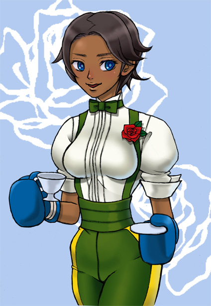 1girl black_hair blue_eyes bowtie boxing_gloves breasts chai_(chaiko1000) cup dark_skin dress_shirt dudley flower genderswap rose saucer shirt short_hair street_fighter teacup