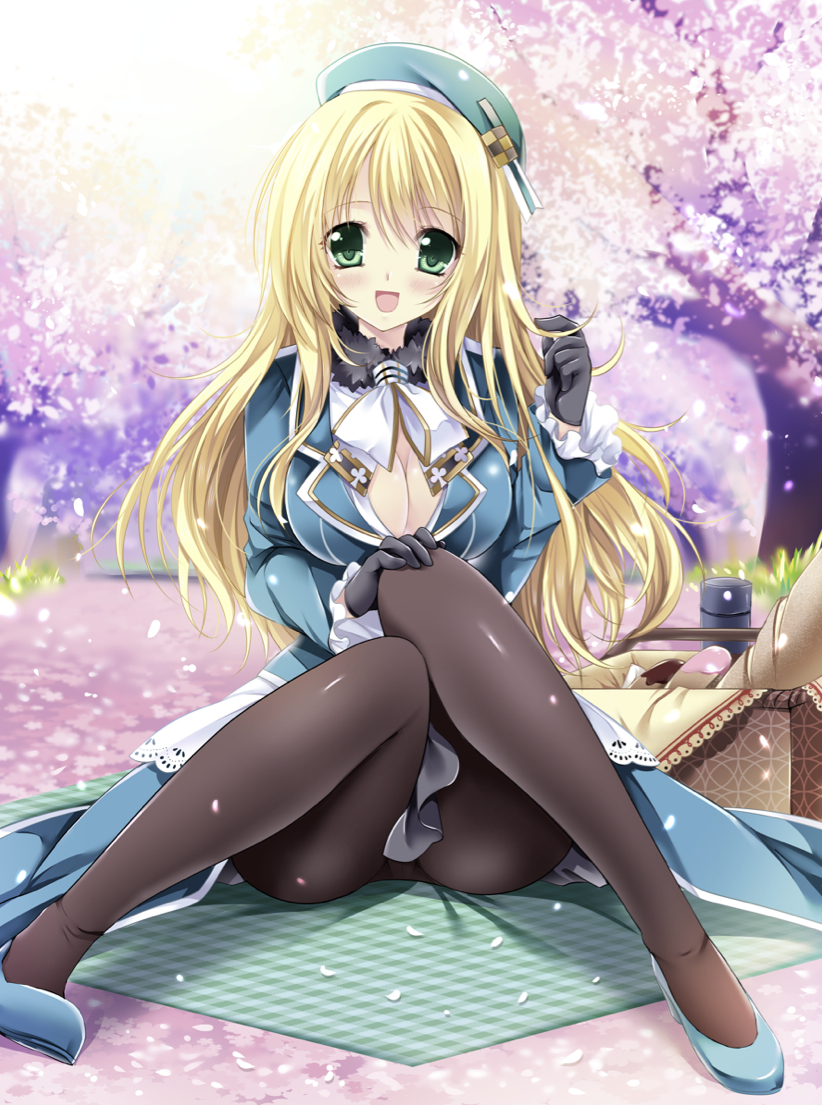 1girl atago_(kantai_collection) black_gloves blonde_hair blush breasts cherry_blossoms cleavage food gloves green_eyes hanami hat kantai_collection large_breasts long_hair looking_at_viewer military military_uniform open_mouth pantyhose personification petals sakurano_tsuyu sitting smile solo uniform