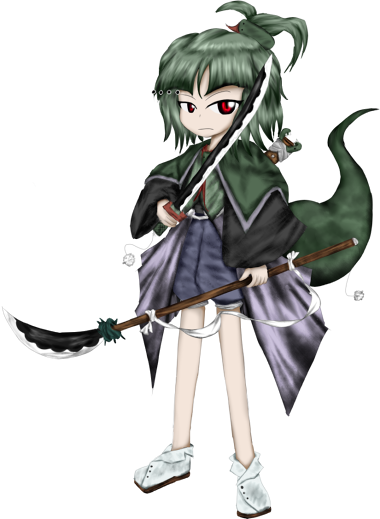 adagumo_no_saragimaru androgynous black_clothes earthen_miraculous_sword frown green_clothes jynx_(artist) katana len'en looking_at_viewer official_art oota_jun'ya_(style) pom_pom_(clothes) ponytail short_hair short_pants shorts sword tagme tail weapon white_shoes