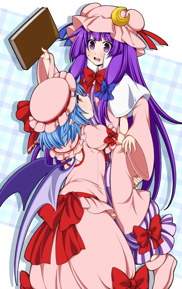 2girls ankle_boots bat_wings blue_hair book boots bow capelet checkered checkered_background crescent_hair_ornament double_bun dress eichi_yuu from_behind hair_ornament hat hat_ribbon highres lifting long_hair looking_at_another looking_away mob_cap multiple_girls open_mouth patchouli_knowledge payot pointy_ears purple_hair red_eyes remilia_scarlet ribbon robe shadow short_hair skirt skirt_set striped striped_dress sweatdrop touhou very_long_hair violet_eyes wings