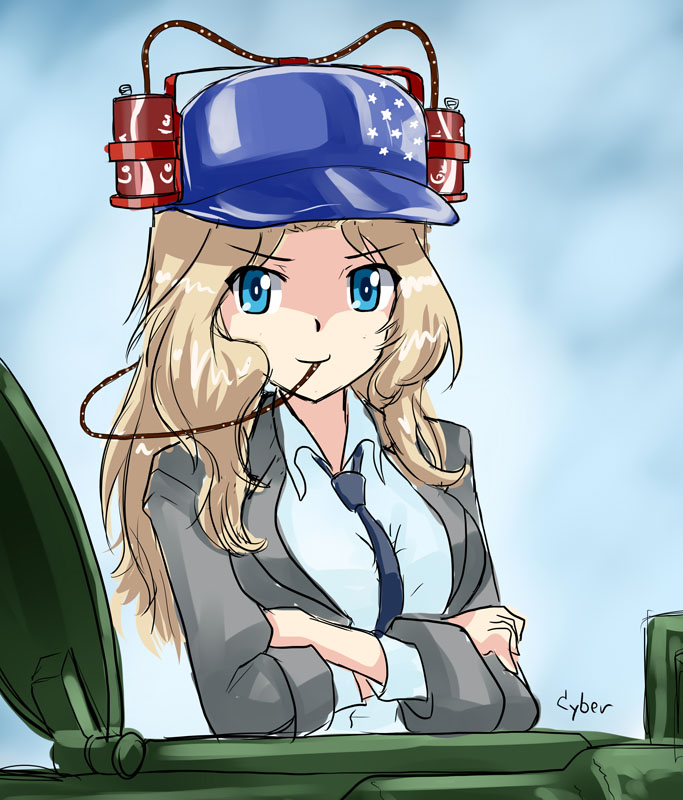1girl artist_name baseball_cap beer_hat blonde_hair blue_eyes breasts coca-cola crossed_arms cyber_(cyber_knight) girls_und_panzer hat jacket kay_(girls_und_panzer) long_hair military military_vehicle necktie product_placement school_uniform signature soda solo tank uniform vehicle
