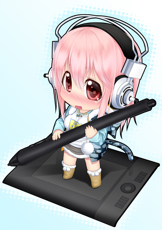 1girl blush breasts chibi headphones kai_(link2262) long_hair looking_at_viewer nitroplus open_mouth pink_eyes pink_hair solo stylus super_sonico tablet wacom wavy_mouth