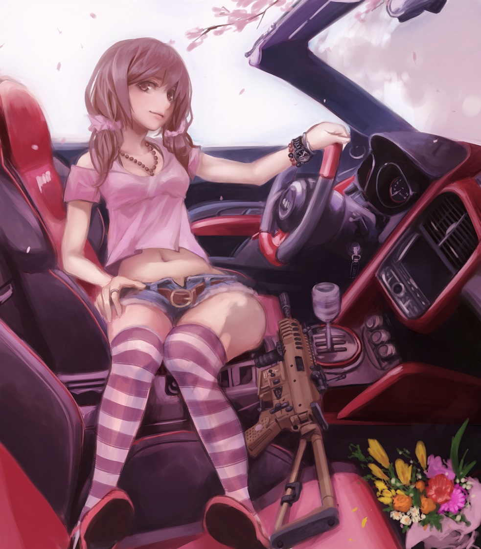 1girl assault_rifle audi audi_r8 belt brown_eyes brown_hair car car_interior cherry_blossoms flower gun jewelry long_hair looking_at_viewer mecha_to_identify midriff motor_vehicle navel necklace original petals rifle shorts solo striped striped_legwear terabyte_(rook777) thigh-highs twintails vehicle vertical_foregrip watch watch weapon