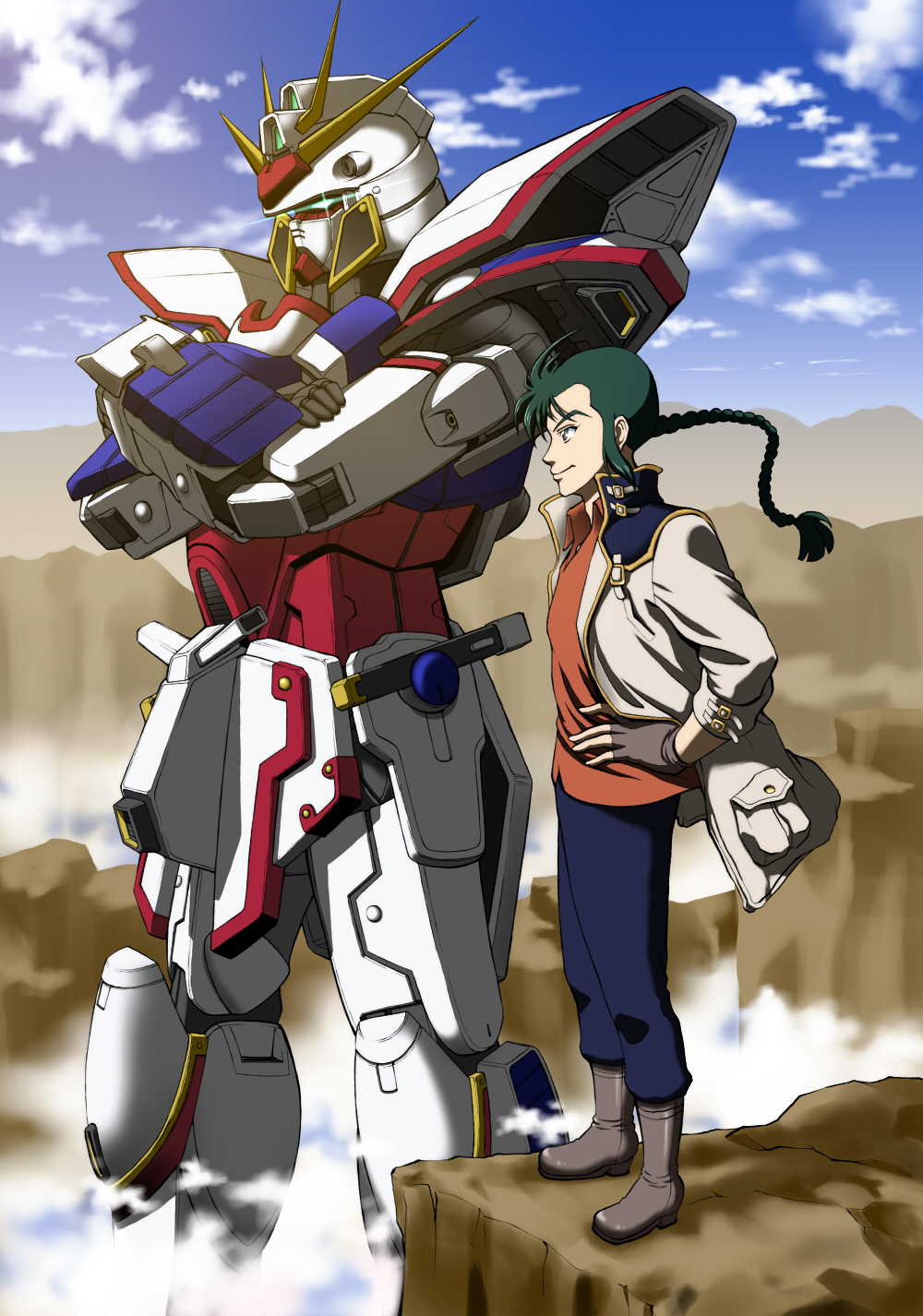 1boy blue_legwear blue_sky boots braid character_request cliff closed_mouth clouds copyright_request crossed_arms desert fingerless_gloves gloves green_eyes green_hair gundam hands_on_hips highres jacket kijinaka_mahiro long_hair looking_afar mecha mecha_to_identify open_eyes orange_shirt pants ponytail pose rock science_fiction shirt sky smile solo standing tagme wind