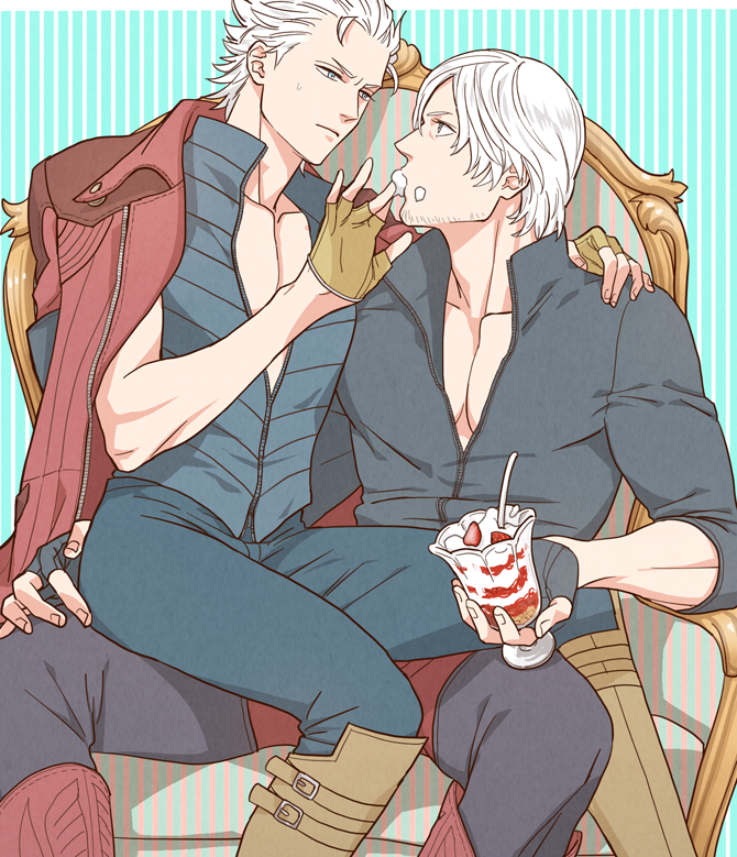 2boys arm_around_neck blue_eyes boots breasts chair chaps cleavage coat_on_shoulders dante_(devil_may_cry) devil_may_cry devil_may_cry_3 devil_may_cry_4 eye_contact facial_hair feeding fingerless_gloves food fruit gloves incest kinokooooo knee_boots legs_apart looking_at_another male multiple_boys muscle pants parfait pectorals short_hair siblings silver_hair sitting sitting_on_lap sitting_on_person strawberry striped striped_background stubble sweat unzipped vergil vest whipped_cream white_hair yaoi