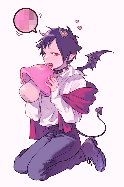 1boy alternate_costume black_hair boots brown_eyes censored collar cross-laced_footwear demon_tail demon_wings dress_shirt durarara!! fangs heart horns jewelry lace-up_boots licking long_sleeves looking_at_viewer mosaic_censoring mushroom no_eyebrows open_mouth orihara_izaya pants pointy_ears ring scarf shirt simple_background sitting solo speech_bubble sue910 tail tongue tongue_out wariza wings