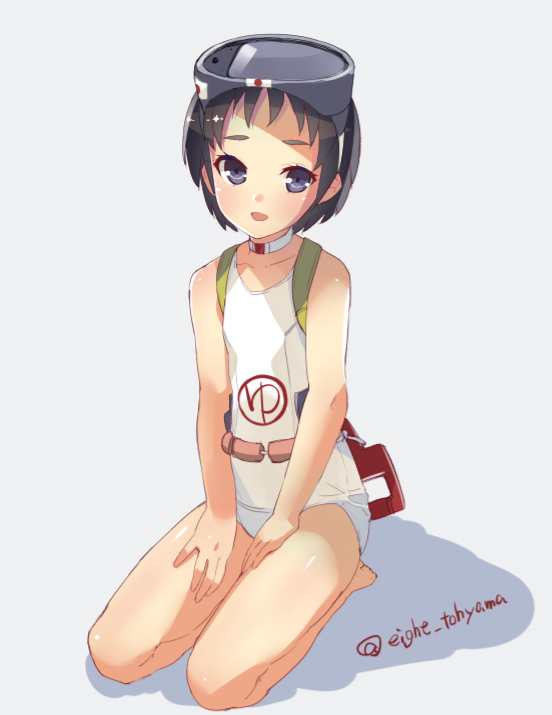 1girl bare_arms bare_legs black_hair blue_eyes choker eight_tohyama flat_chest floats goggles goggles_on_head grey_background hands_on_thighs hiragana japanese_flag kantai_collection looking_at_viewer maru-yu_(kantai_collection) open_mouth personification school_swimsuit seiza short_hair sitting smile solo strap swimsuit twitter_username white_school_swimsuit white_swimsuit