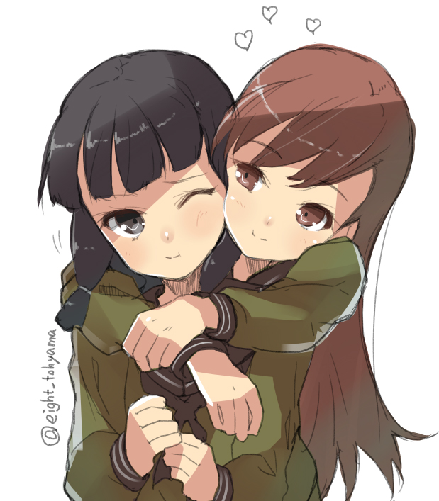 2girls :t ;t artist_name bangs black_eyes black_hair blunt_bangs brown_eyes brown_hair clenched_hands couple eight_tohyama green_clothes green_shirt heart hime_cut hug hug_from_behind kantai_collection kitakami_(kantai_collection) long_hair looking_at_another multiple_girls nuzzle ooi_(kantai_collection) payot personification school_uniform serafuku signature simple_background smile twitter_username white_background yuri