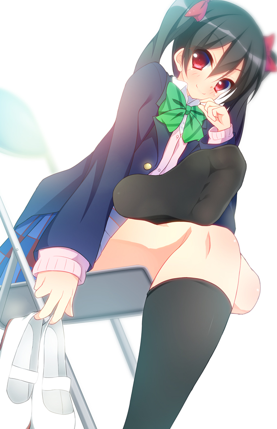 1girl black_hair black_legwear blush bow chair hair_bow holding holding_shoes kneehighs kyohei long_hair love_live!_school_idol_project no_shoes red_eyes school_uniform shoes_removed sitting smile twintails yazawa_nico