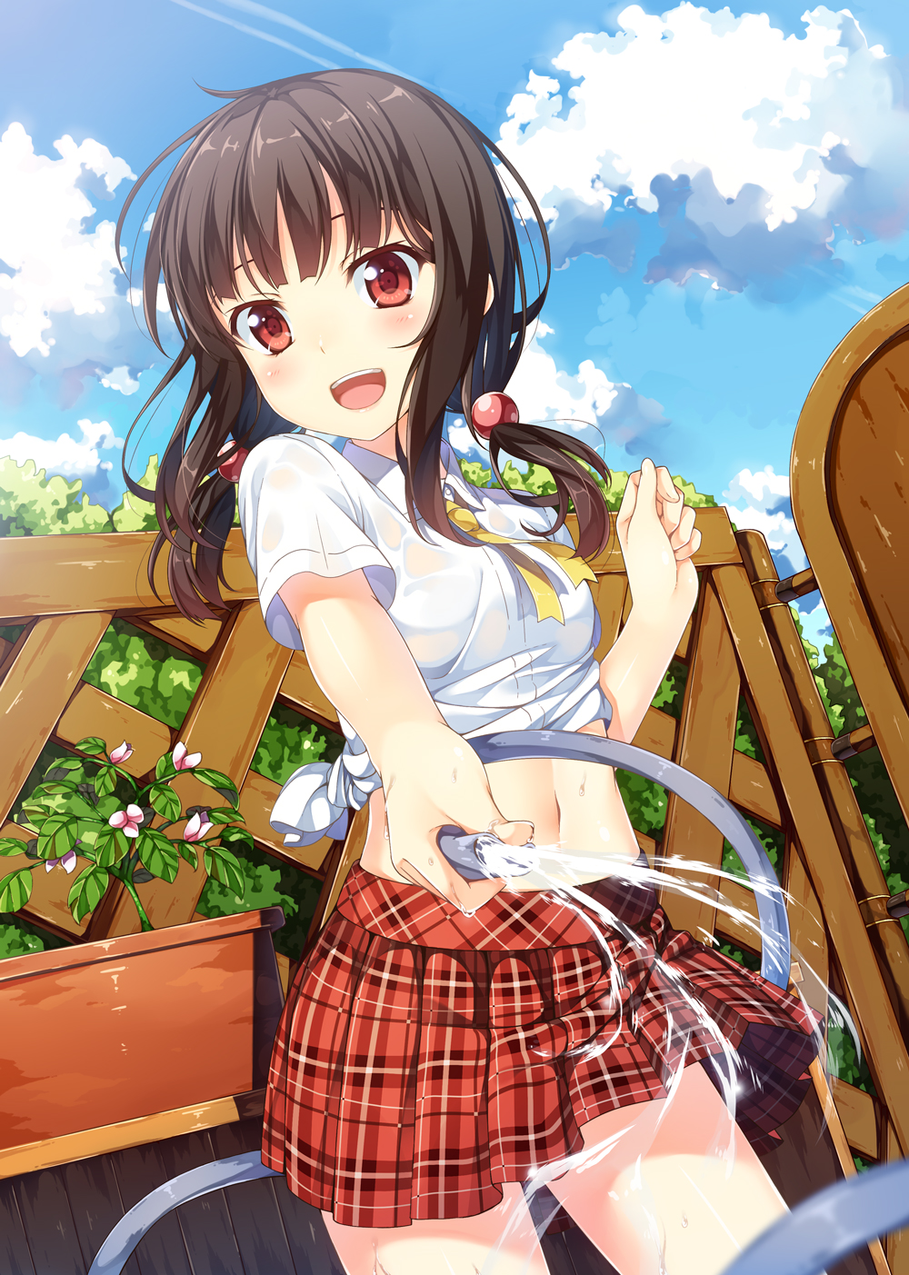1girl :d blue_sky brown_hair highres hose low_twintails midriff navel open_mouth original plaid plaid_skirt pleated_skirt red_eyes school_uniform see-through short_twintails skirt sky smile solo tied_shirt twintails water wet wet_clothes wet_shirt yuuri_nayuta