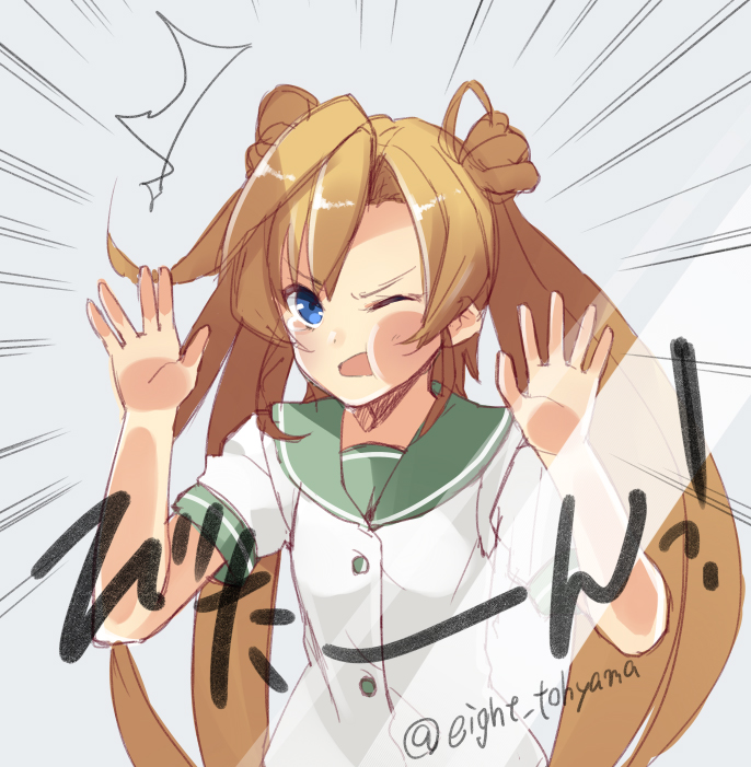 abukuma_(kantai_collection) against_glass blue_eyes buttons eight_tohyama emphasis_lines fourth_wall frown hair_bun kantai_collection light_brown_hair long_hair looking_at_viewer open_mouth personification school_uniform serafuku short_sleeves sound_effects tearing_up twintails wink