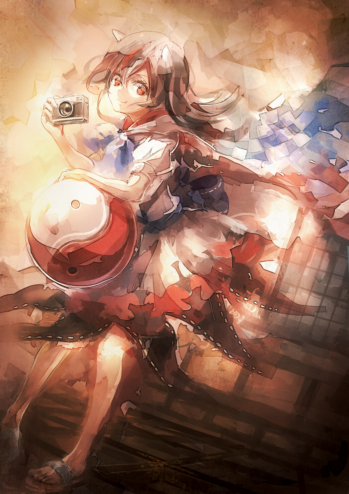 1girl 60mai camera cape dress dutch_angle east_asian_architecture fang fang_out gradient gradient_background horns impossible_spell_card kijin_seija leaning_over looking_at_viewer multicolored_hair red_eyes sandals sash short_hair short_sleeves smile solo touhou two-tone_hair yin_yang
