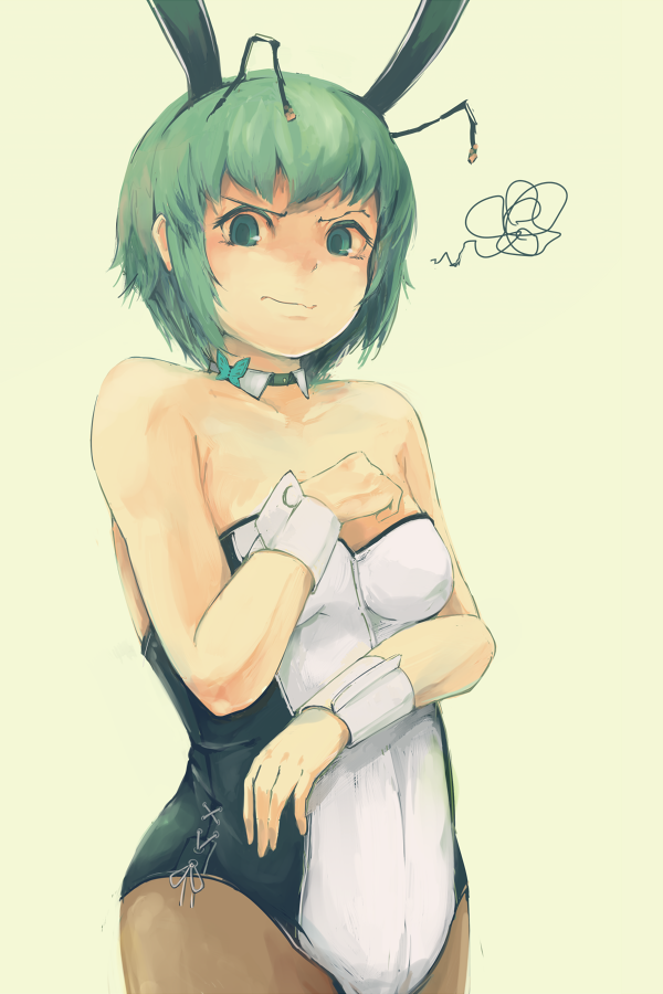 1girl angry animal_ears antennae bare_arms bare_shoulders black_legwear breasts bunny_girl bunnysuit collarbone fake_animal_ears green_eyes green_hair leotard looking_at_viewer pantyhose rabbit_ears solo squiggle touhou wavy_mouth wriggle_nightbug wrist_cuffs yoss_3