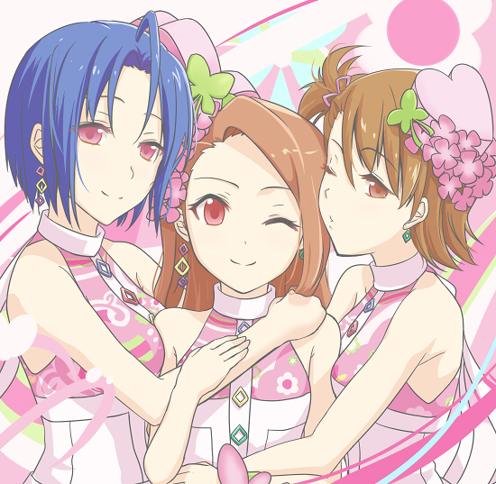 3girls blue_hair brown_eyes brown_hair earrings flower futami_ami girl_sandwich hair_ornament hair_ribbon heart hug idolmaster jewelry komore looking_at_viewer minase_iori miura_azusa multiple_girls princess_melody_(idolmaster) puckered_lips red_eyes ribbon ryuuguu_komachi sandwiched side_ponytail smile violet_eyes wink