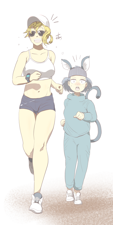 2girls alternate_costume alternate_hairstyle animal_ears baseball_cap blonde_hair blush bra breasts brown_hair chestnut_mouth collarbone grey_hair hat jogging kokoyashi large_breasts looking_at_viewer midriff mouse_ears mouse_tail multicolored_hair multiple_girls navel nazrin open_mouth shorts smile sports_bra sunglasses sweatband tail toramaru_shou touhou track_suit two-tone_hair underwear white_bra