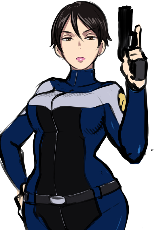 1girl belt black_hair bodysuit breasts brown_eyes disk_wars:_avengers eroquis gun hand_on_hip jitome large_breasts lips maria_hill marvel pistol short_hair slender_waist solo trigger_discipline weapon